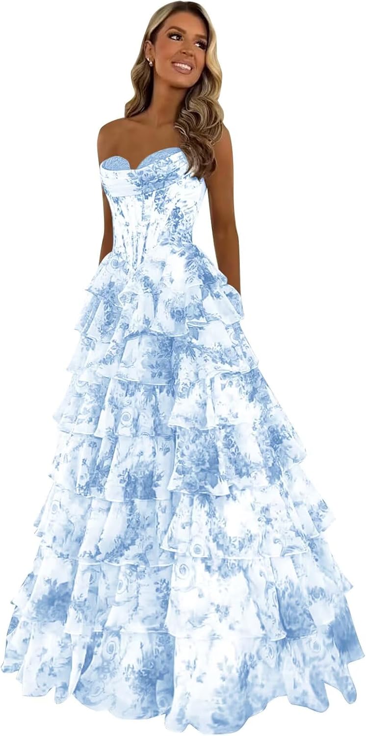 Trägerloses Korsett-Ballkleid für Damen 2025, langes, gestuftes, gerüschtes Chiffon-Abendkleid mit Schlitz 