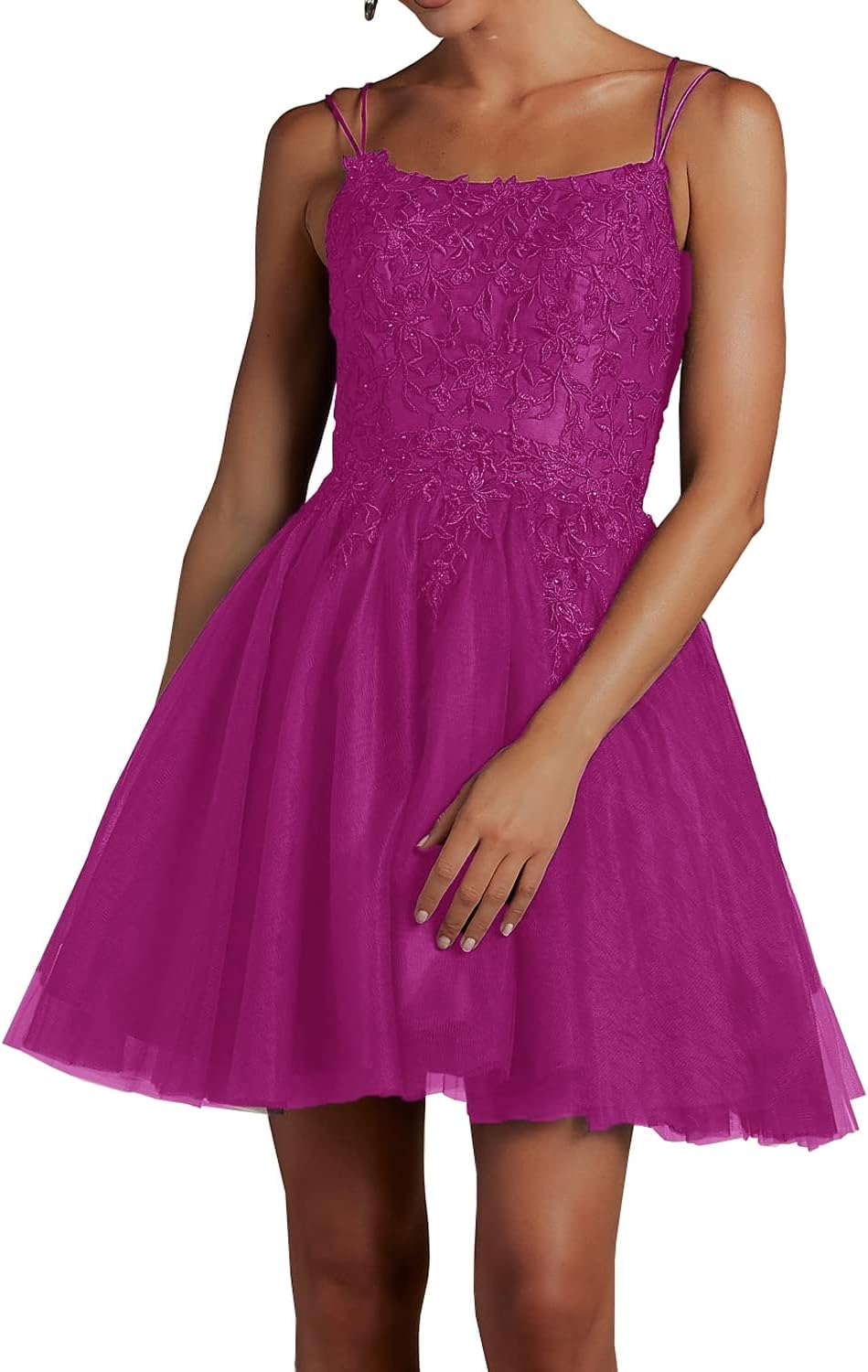 Modest Lace Beaded Tulle Homecoming Dresses Short Square Neck Prom Dress Spaghetti Straps Party Gown