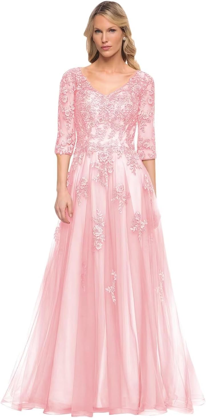 Women's V-Neck 3/4 Sleeve Mother of The Bride Dress A-line Tulle Lace Appliques Long Formal Party Dress QA117