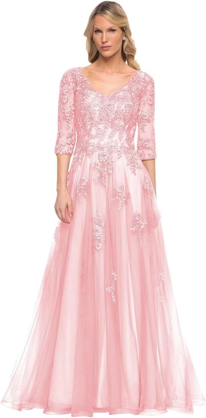 Women's V-Neck 3/4 Sleeve Mother of The Bride Dress A-line Tulle Lace Appliques Long Formal Party Dress QA117