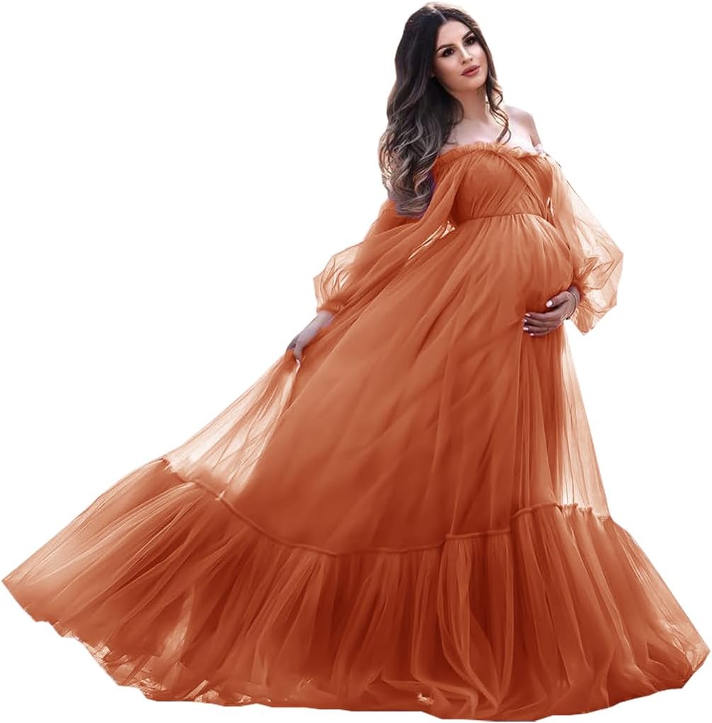 Puffy Sleeve Maternity Dress Tulle Robe for Photoshoot Off Shoulder Pregnancy Baby Shower Gown