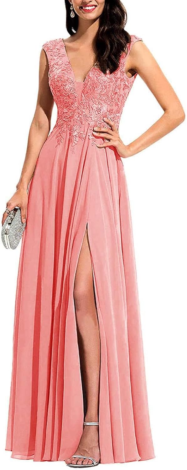 Chiffon Appliques Bridesmaid Dress Long V Neck Beaded Wedding Guest Gown with Split
