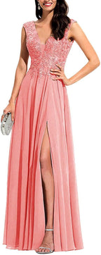 Chiffon Appliques Bridesmaid Dress Long V Neck Beaded Wedding Guest Gown with Split
