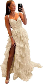 Glitzerndes, gestuftes Spitzen-Tüll-Ballkleid, lang, 2025, Spaghettiträger, formelles Korsett-Abendkleid mit Schlitz 