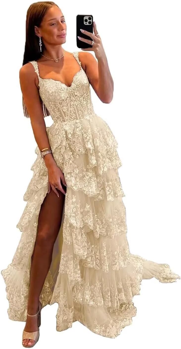 Glitzerndes, gestuftes Spitzen-Tüll-Ballkleid, lang, 2025, Spaghettiträger, formelles Korsett-Abendkleid mit Schlitz 