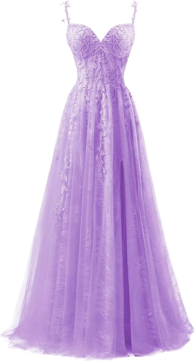 Lace Applique Tulle Prom Dresses for Women 2025 Spaghetti Straps Ball Gown Formal Evening Party Gown with Slit