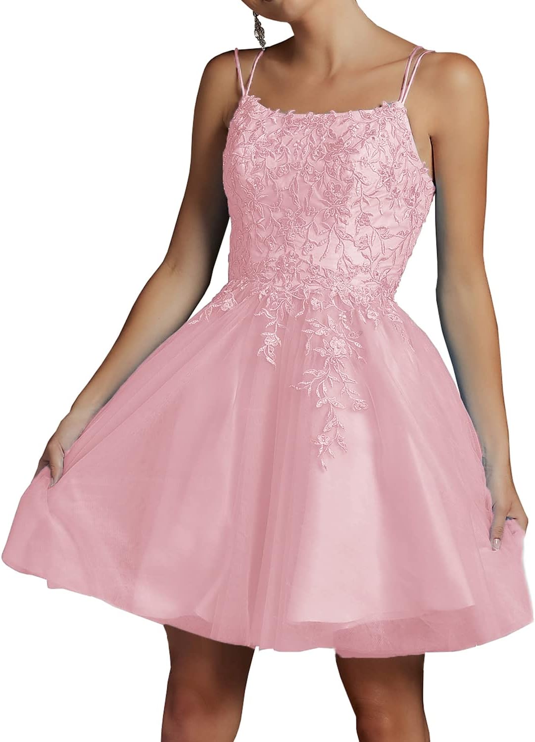 Modest Lace Beaded Tulle Homecoming Dresses Short Square Neck Prom Dress Spaghetti Straps Party Gown