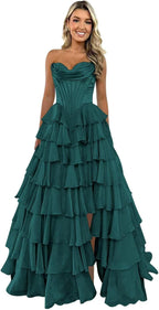 Strapless Corset Prom Dresses for Women 2025 Long Tiered Ruffle Chiffon Formal Evening Gown with Slit