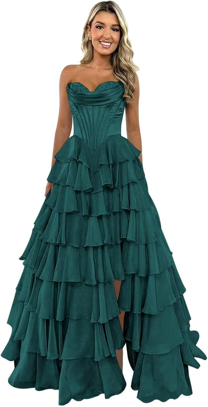 Trägerloses Korsett-Ballkleid für Damen 2025, langes, gestuftes, gerüschtes Chiffon-Abendkleid mit Schlitz 