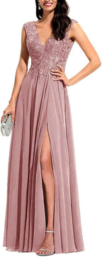 Chiffon Appliques Bridesmaid Dress Long V Neck Beaded Wedding Guest Gown with Split