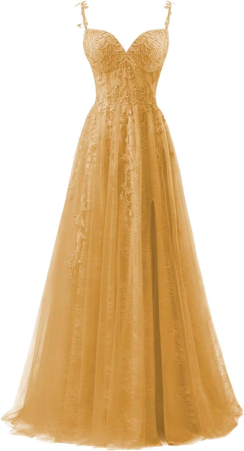 Lace Applique Tulle Prom Dresses for Women 2025 Spaghetti Straps Ball Gown Formal Evening Party Gown with Slit
