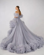 Rüschen-Tüll-Robe für Schwangerschafts-Fotoshooting, transparent, schulterfrei, Umstandsrobe, schwanger, Babyparty, Abschlussballkleid 