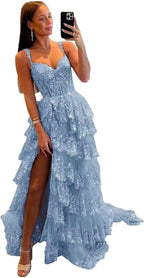 Glitzerndes, gestuftes Spitzen-Tüll-Ballkleid, lang, 2025, Spaghettiträger, formelles Korsett-Abendkleid mit Schlitz 