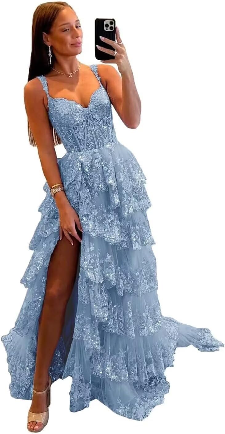 Glitzerndes, gestuftes Spitzen-Tüll-Ballkleid, lang, 2025, Spaghettiträger, formelles Korsett-Abendkleid mit Schlitz 
