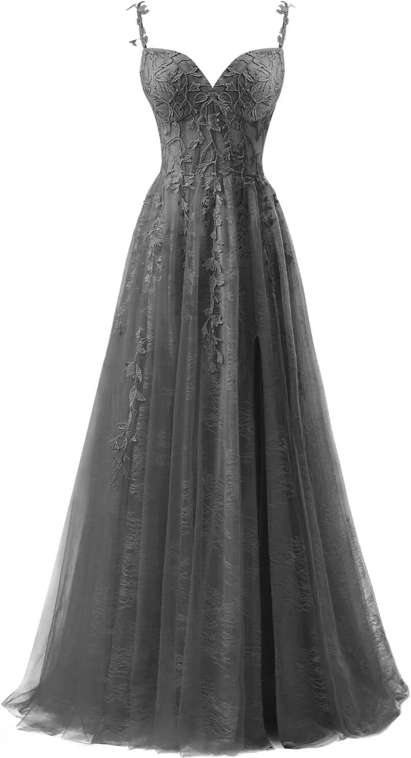 Lace Applique Tulle Prom Dresses for Women 2025 Spaghetti Straps Ball Gown Formal Evening Party Gown with Slit