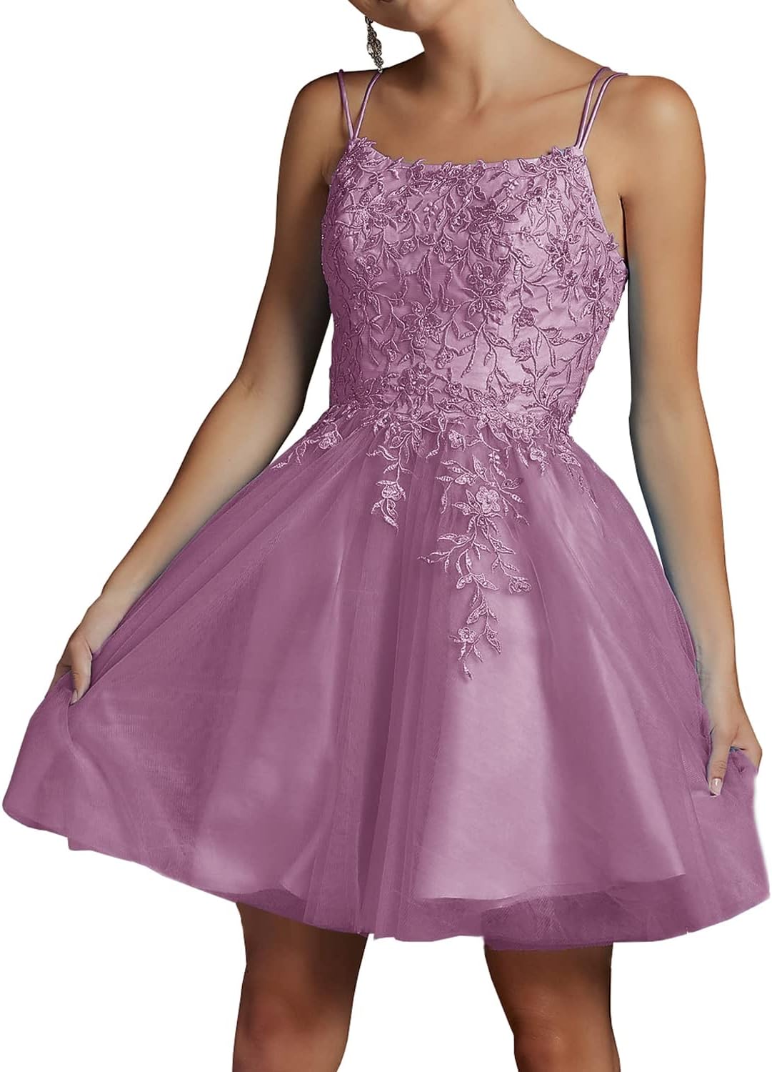 Modest Lace Beaded Tulle Homecoming Dresses Short Square Neck Prom Dress Spaghetti Straps Party Gown