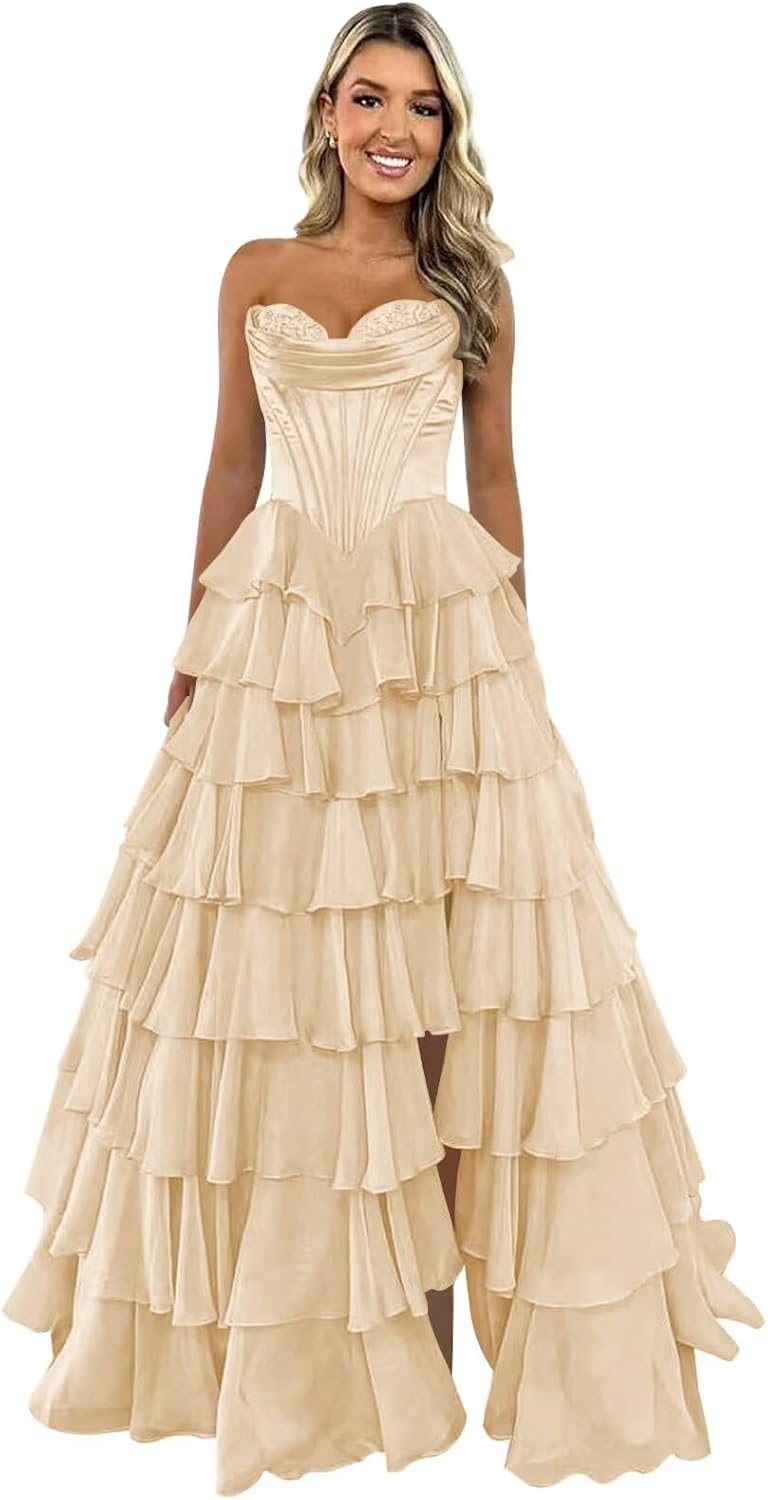 Trägerloses Korsett-Ballkleid für Damen 2025, langes, gestuftes, gerüschtes Chiffon-Abendkleid mit Schlitz 
