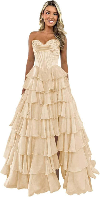 Trägerloses Korsett-Ballkleid für Damen 2025, langes, gestuftes, gerüschtes Chiffon-Abendkleid mit Schlitz 