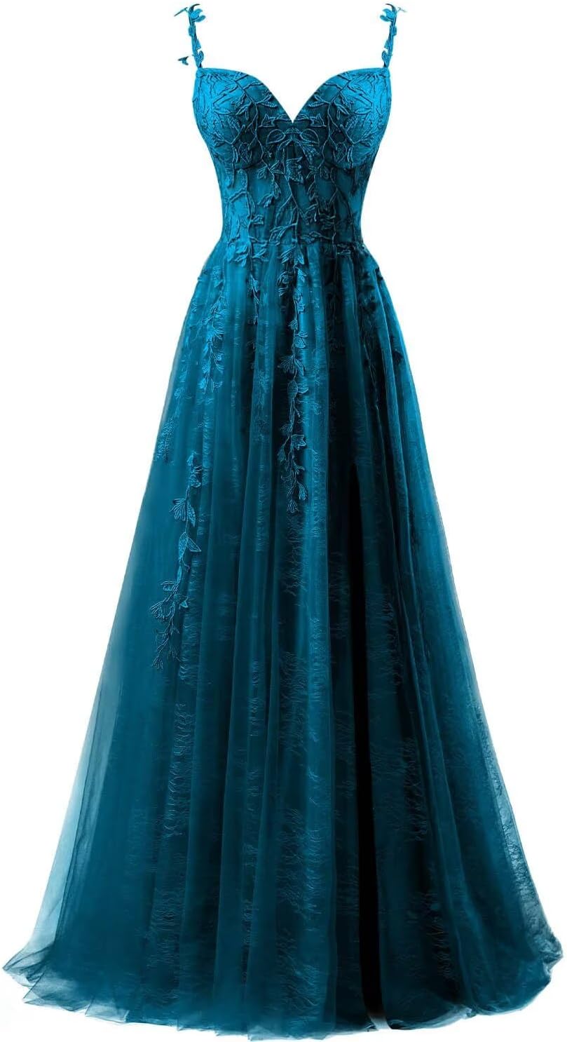 Lace Applique Tulle Prom Dresses for Women 2025 Spaghetti Straps Ball Gown Formal Evening Party Gown with Slit