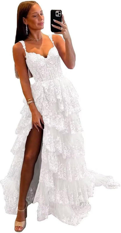 Glitzerndes, gestuftes Spitzen-Tüll-Ballkleid, lang, 2025, Spaghettiträger, formelles Korsett-Abendkleid mit Schlitz 