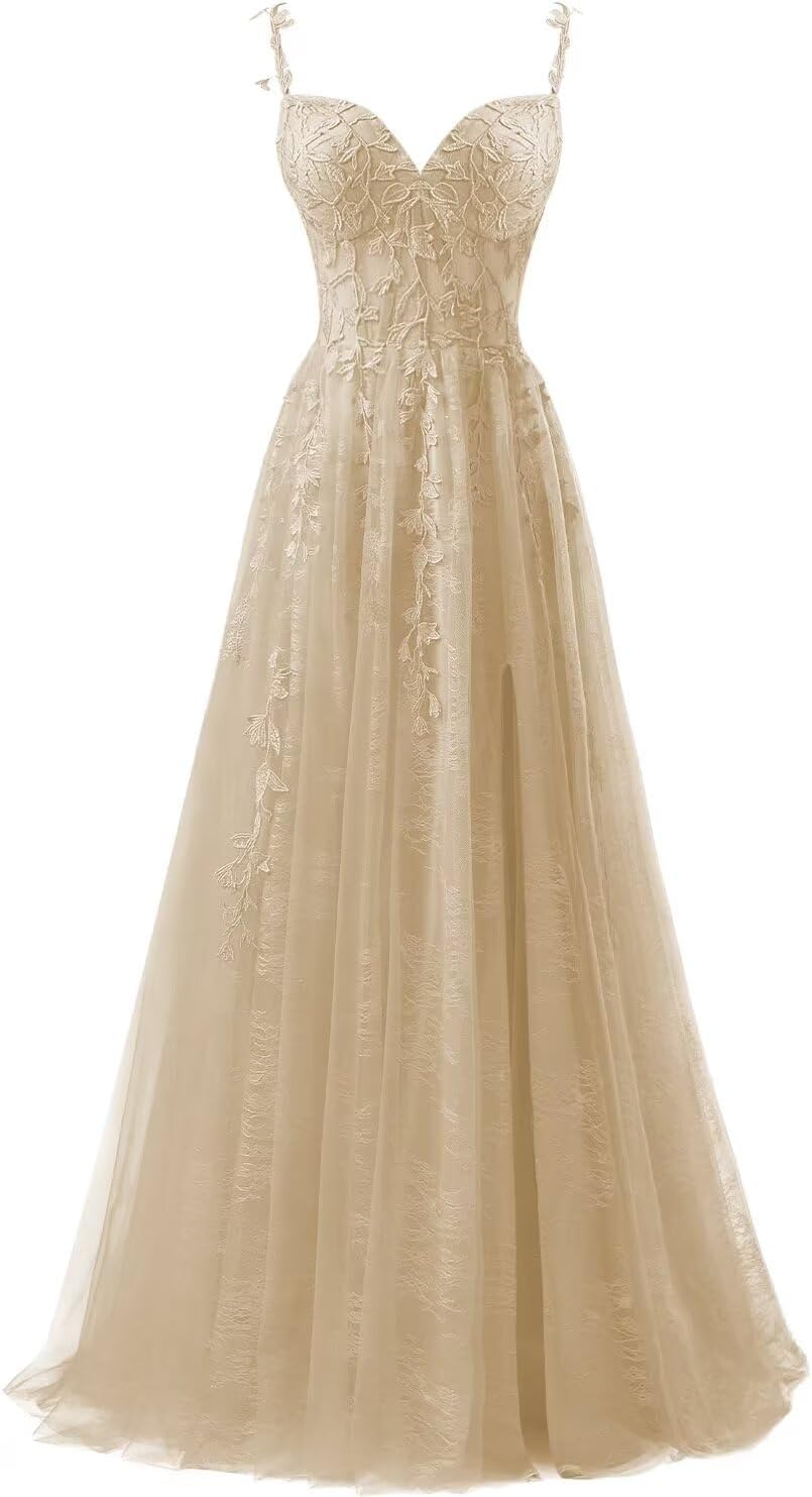 Lace Applique Tulle Prom Dresses for Women 2025 Spaghetti Straps Ball Gown Formal Evening Party Gown with Slit