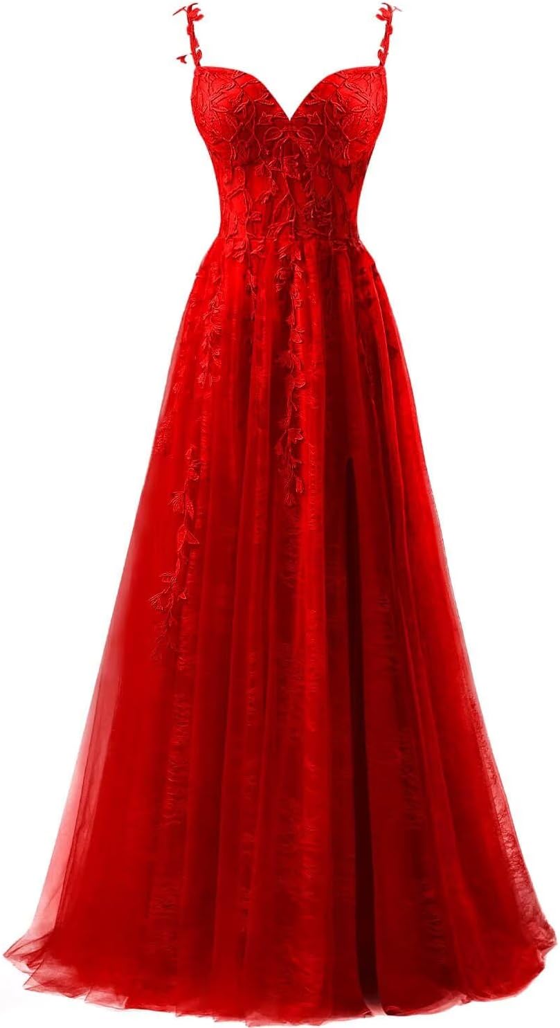 Lace Applique Tulle Prom Dresses for Women 2025 Spaghetti Straps Ball Gown Formal Evening Party Gown with Slit