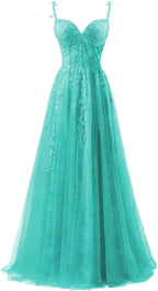 Vestidos de fiesta de tul con apliques de encaje para mujer 2025, vestido de fiesta formal de noche con tirantes finos y abertura 