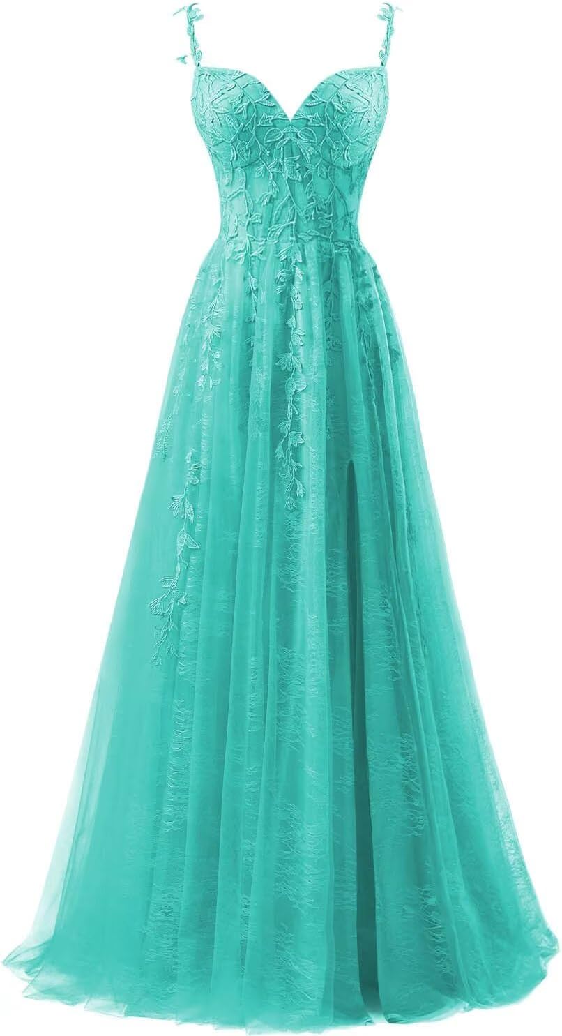 Lace Applique Tulle Prom Dresses for Women 2025 Spaghetti Straps Ball Gown Formal Evening Party Gown with Slit