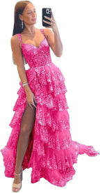 Glitzerndes, gestuftes Spitzen-Tüll-Ballkleid, lang, 2025, Spaghettiträger, formelles Korsett-Abendkleid mit Schlitz 