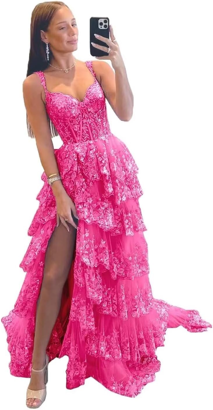 Glitzerndes, gestuftes Spitzen-Tüll-Ballkleid, lang, 2025, Spaghettiträger, formelles Korsett-Abendkleid mit Schlitz 