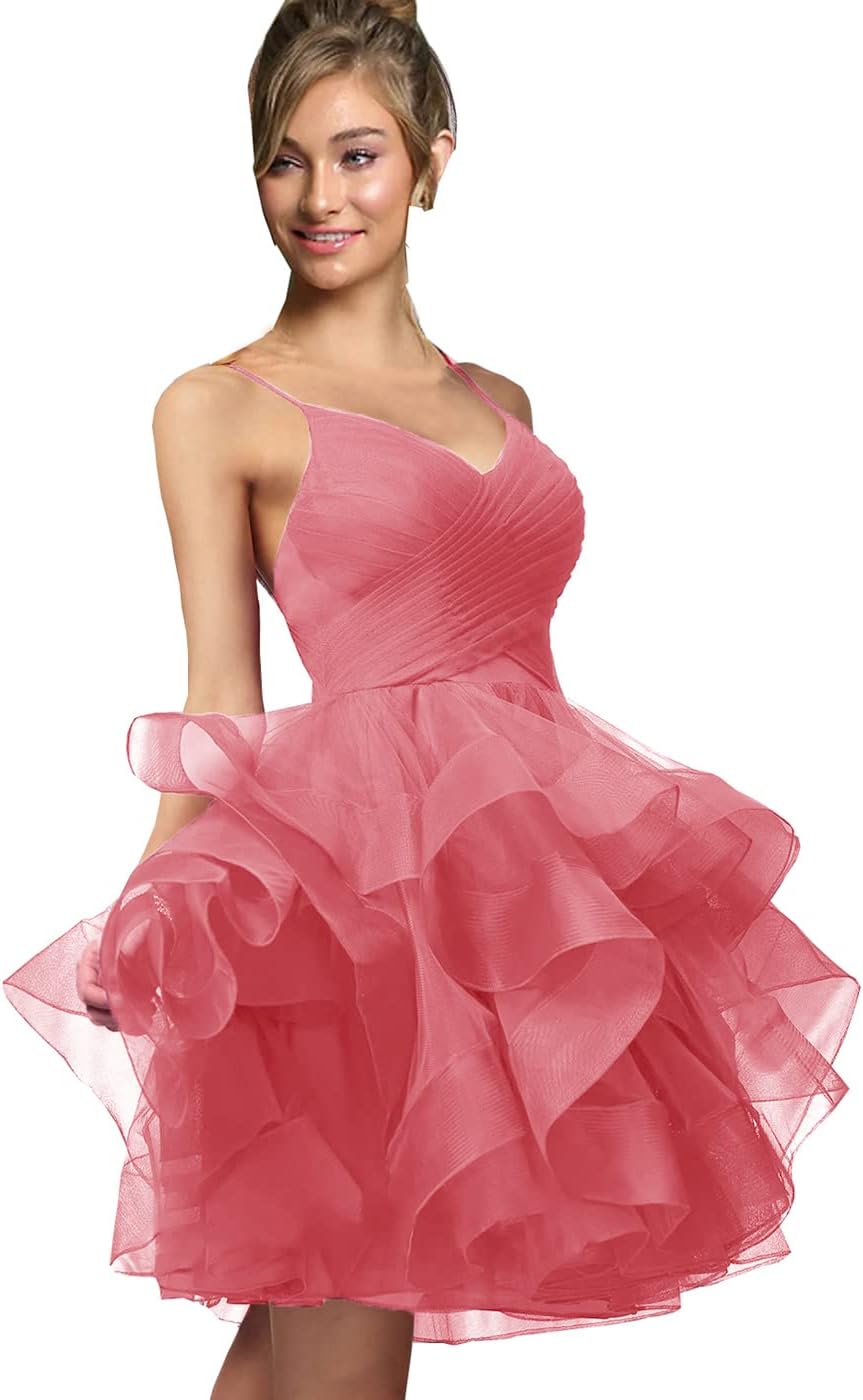 Women's Puffy Ruffle Short Homecoming Dress Tull Tutu Prom Dress V Neck Formal Party Gown
