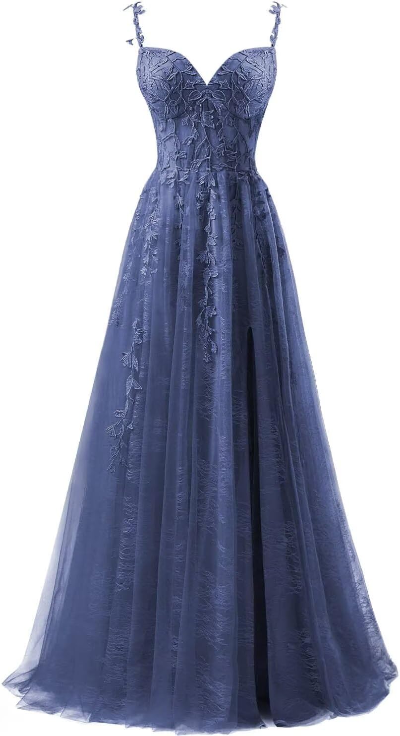 Lace Applique Tulle Prom Dresses for Women 2025 Spaghetti Straps Ball Gown Formal Evening Party Gown with Slit