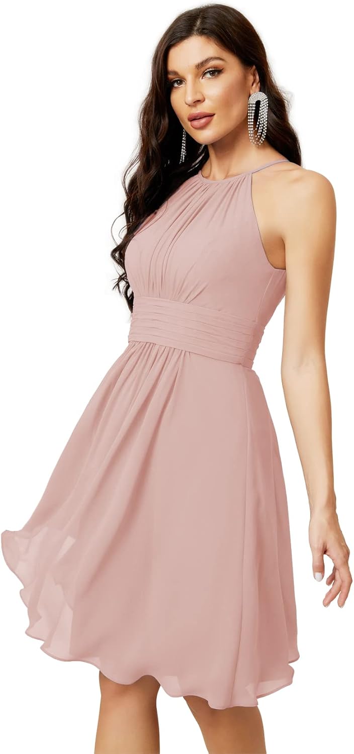 Sunnderly Short Halter Top Chiffon Bridesmaid Dresses Tea Length A Line Formal Evening Party Cocktail Dress Dusty Rose
