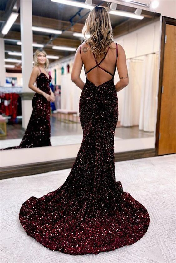 Vestido de noche largo elegante con lentejuelas y escote en V y tirantes finos Y4401
