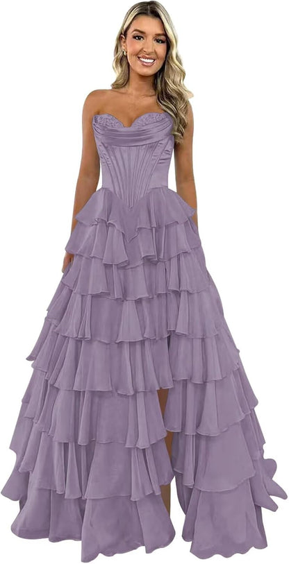 Trägerloses Korsett-Ballkleid für Damen 2025, langes, gestuftes, gerüschtes Chiffon-Abendkleid mit Schlitz 