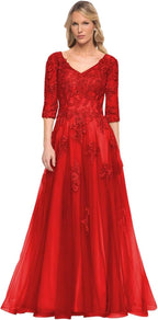 Damen V-Ausschnitt 3/4 Ärmel Kleid für die Brautmutter A-Linie Tüll Spitzenapplikationen Langes formelles Partykleid QA117 