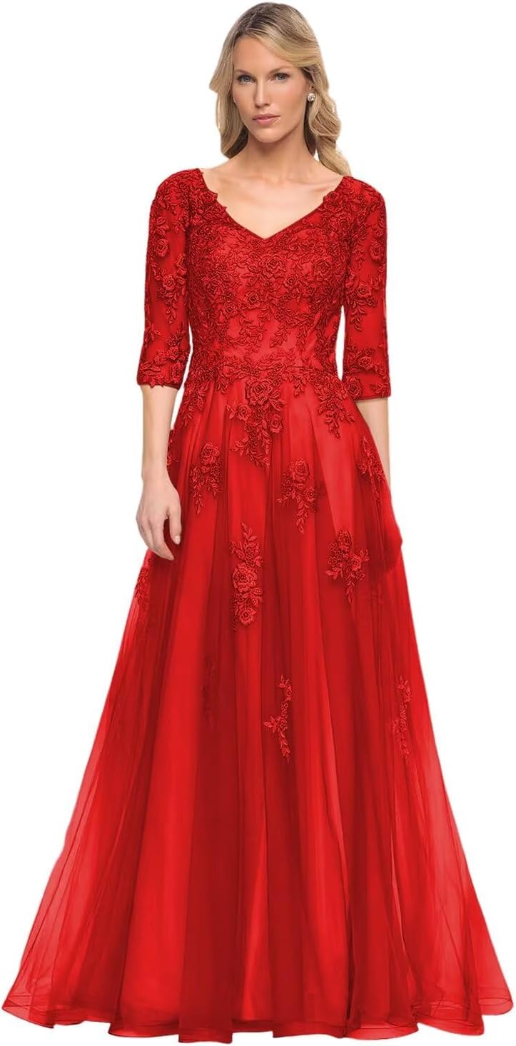 Women's V-Neck 3/4 Sleeve Mother of The Bride Dress A-line Tulle Lace Appliques Long Formal Party Dress QA117