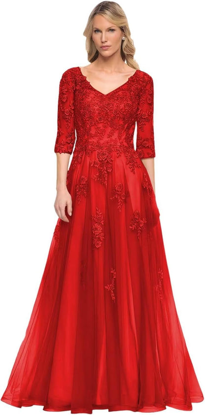 Women's V-Neck 3/4 Sleeve Mother of The Bride Dress A-line Tulle Lace Appliques Long Formal Party Dress QA117