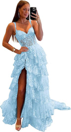Glitzerndes, gestuftes Spitzen-Tüll-Ballkleid, lang, 2025, Spaghettiträger, formelles Korsett-Abendkleid mit Schlitz 
