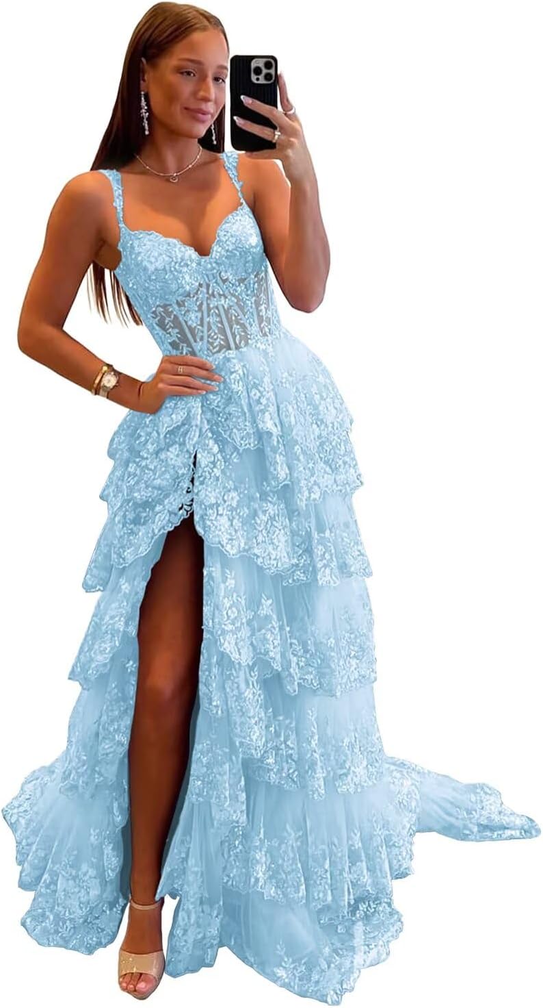 Glitzerndes, gestuftes Spitzen-Tüll-Ballkleid, lang, 2025, Spaghettiträger, formelles Korsett-Abendkleid mit Schlitz 