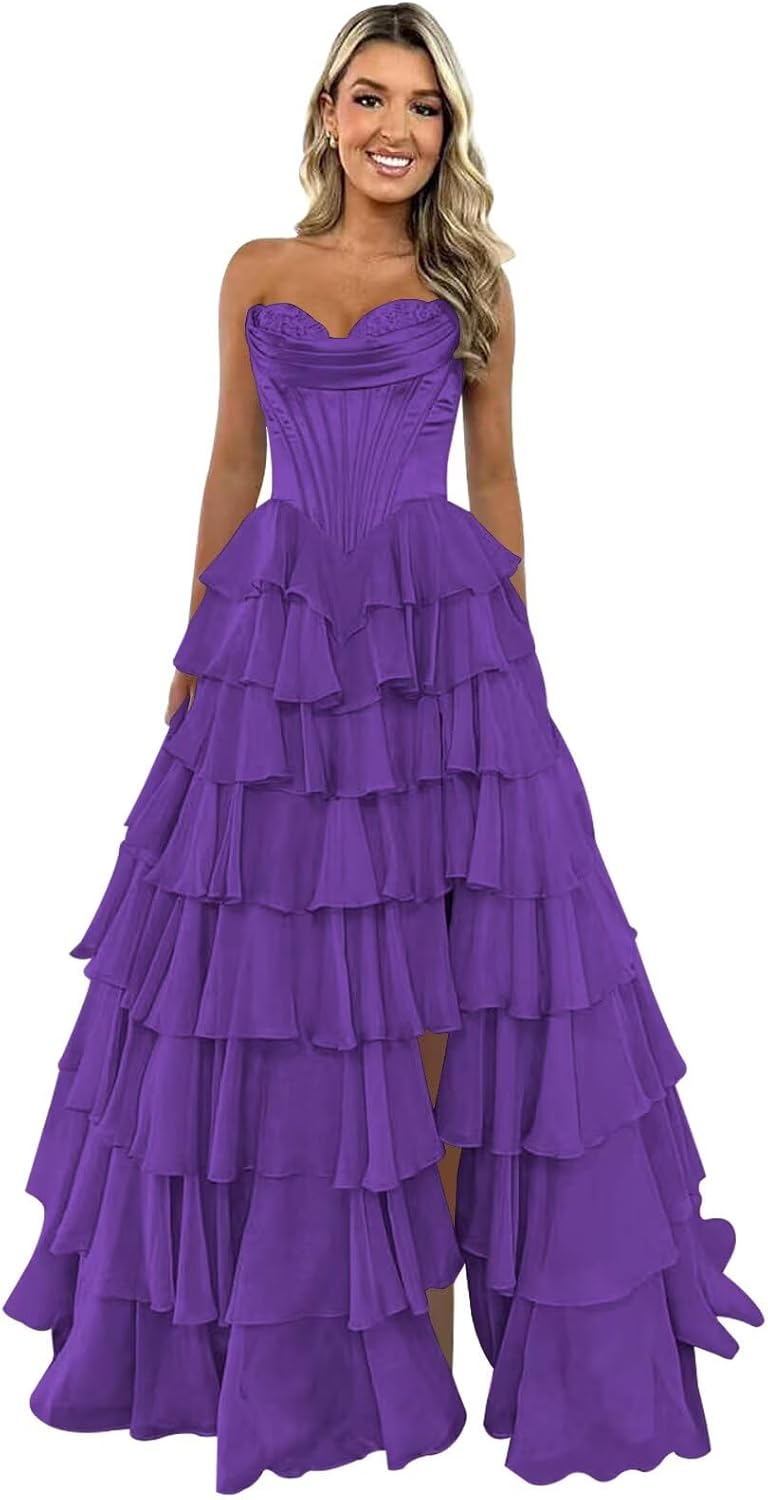 Trägerloses Korsett-Ballkleid für Damen 2025, langes, gestuftes, gerüschtes Chiffon-Abendkleid mit Schlitz 