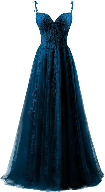 Lace Applique Tulle Prom Dresses for Women 2025 Spaghetti Straps Ball Gown Formal Evening Party Gown with Slit
