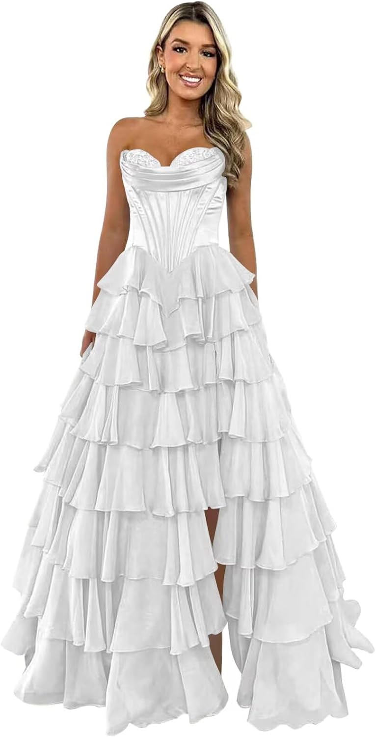 Trägerloses Korsett-Ballkleid für Damen 2025, langes, gestuftes, gerüschtes Chiffon-Abendkleid mit Schlitz 