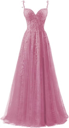 Vestidos de fiesta de tul con apliques de encaje para mujer 2025, vestido de fiesta formal de noche con tirantes finos y abertura 