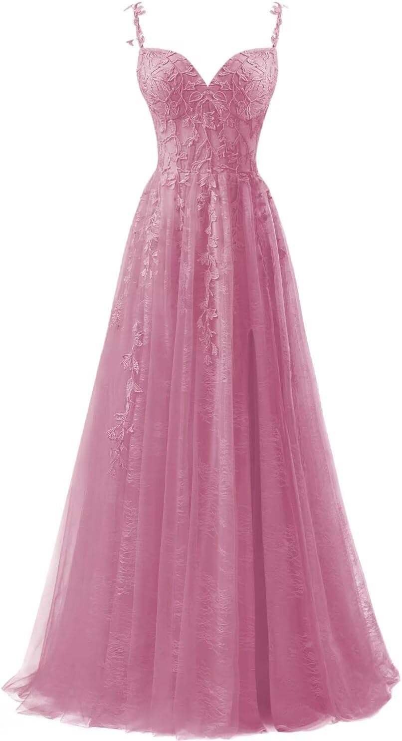 Lace Applique Tulle Prom Dresses for Women 2025 Spaghetti Straps Ball Gown Formal Evening Party Gown with Slit