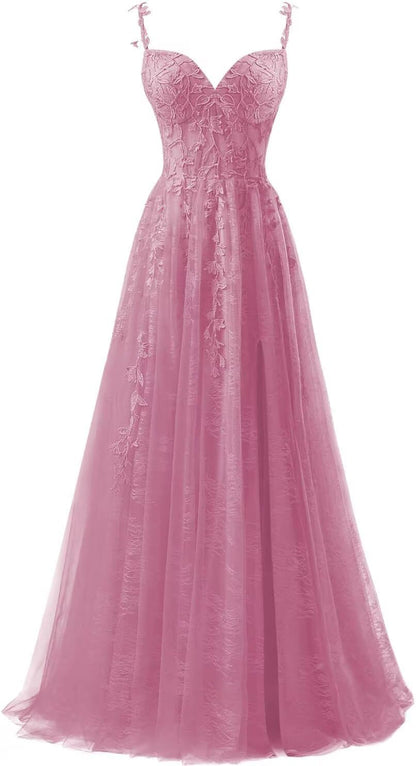 Lace Applique Tulle Prom Dresses for Women 2025 Spaghetti Straps Ball Gown Formal Evening Party Gown with Slit