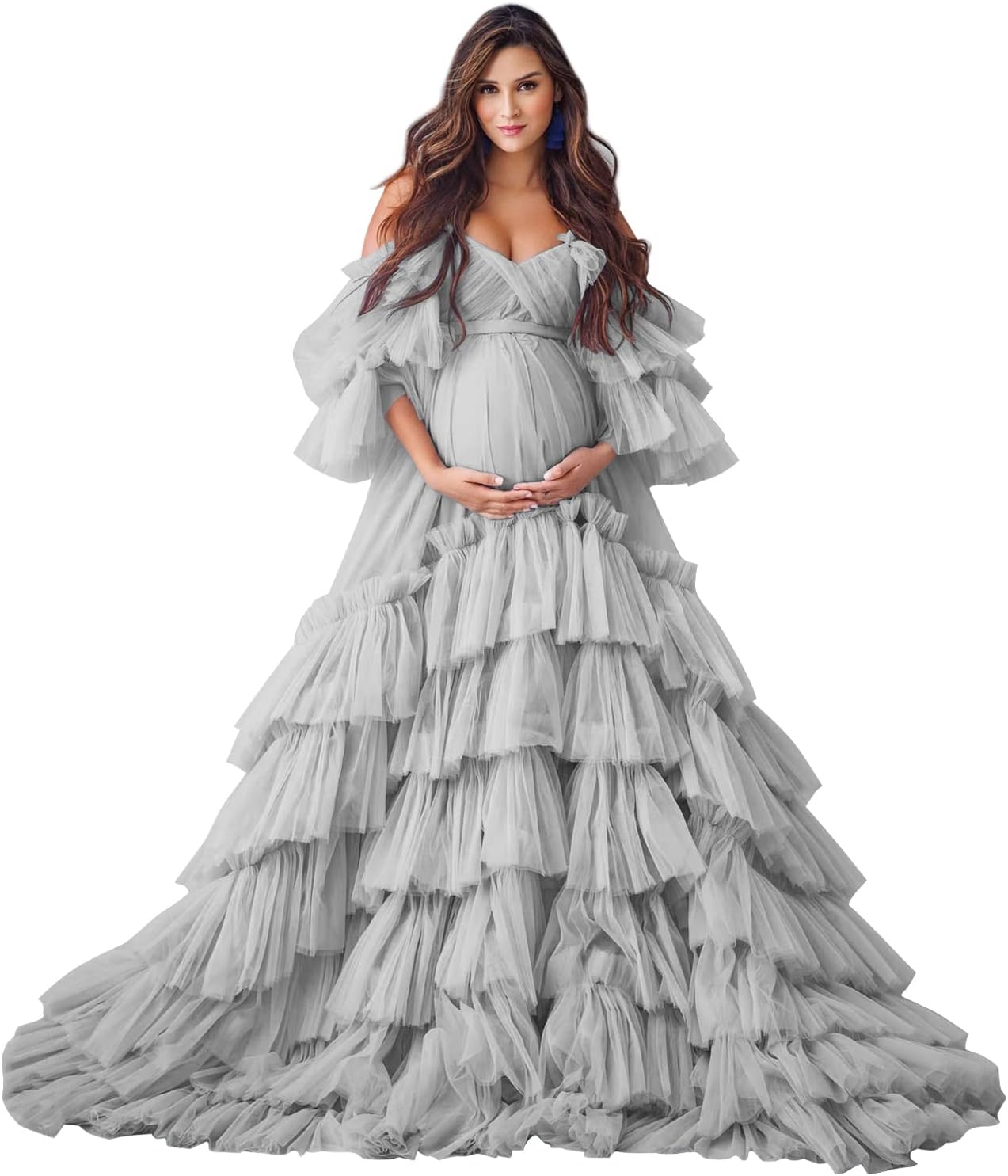 Puffy Tüll Robe Umstandskleid für Fotoshooting Transparente Braut Dessous Hochzeitskleid Lange Baby Shower Schwangerschaftskleider 