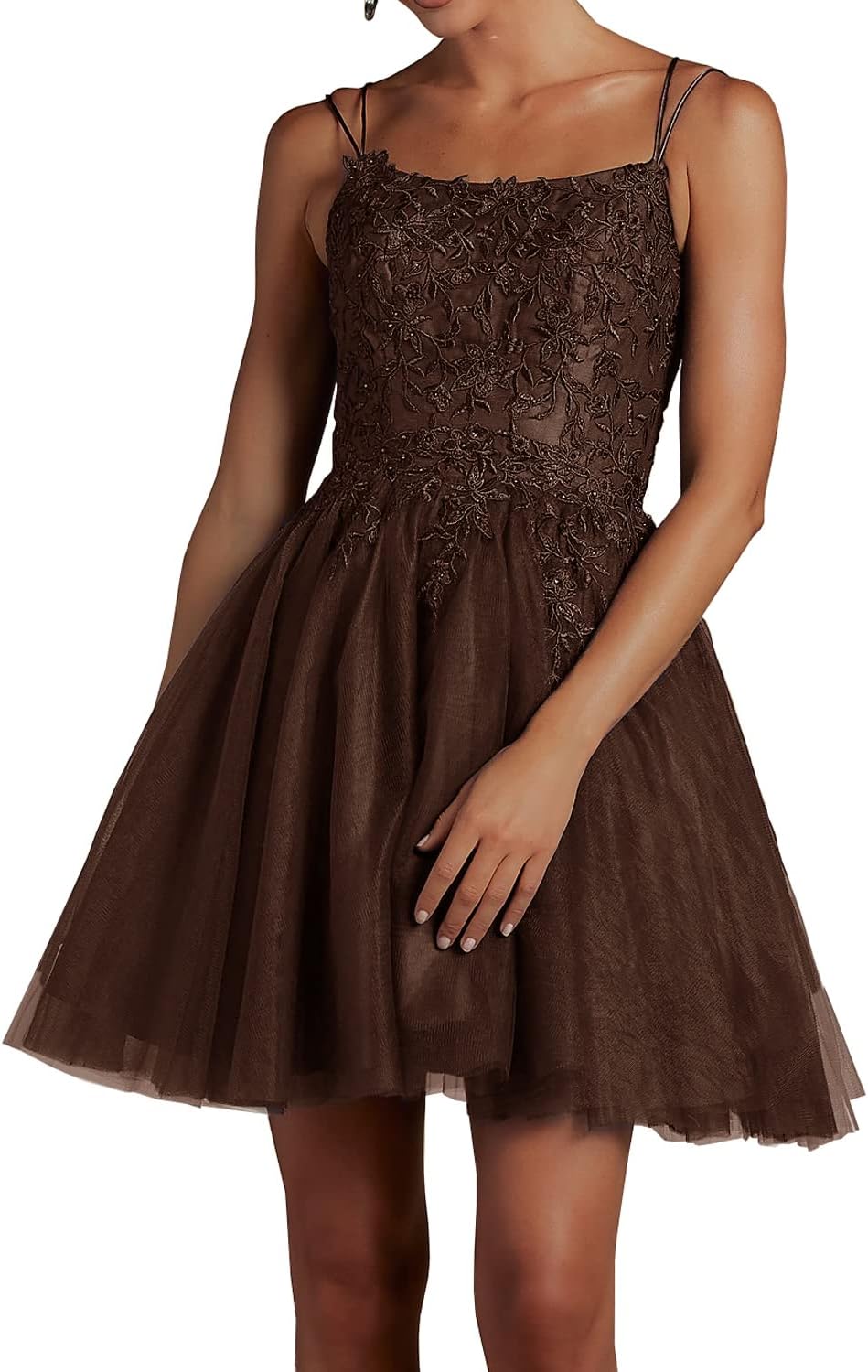 Modest Lace Beaded Tulle Homecoming Dresses Short Square Neck Prom Dress Spaghetti Straps Party Gown