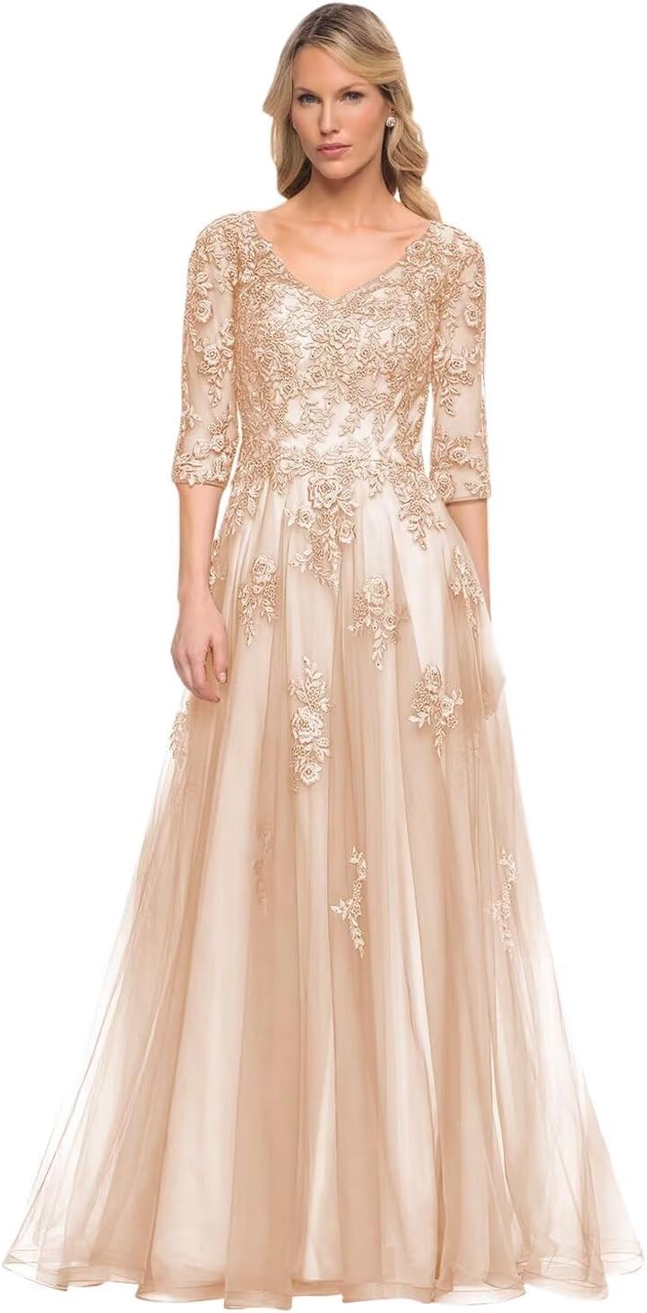 Women's V-Neck 3/4 Sleeve Mother of The Bride Dress A-line Tulle Lace Appliques Long Formal Party Dress QA117