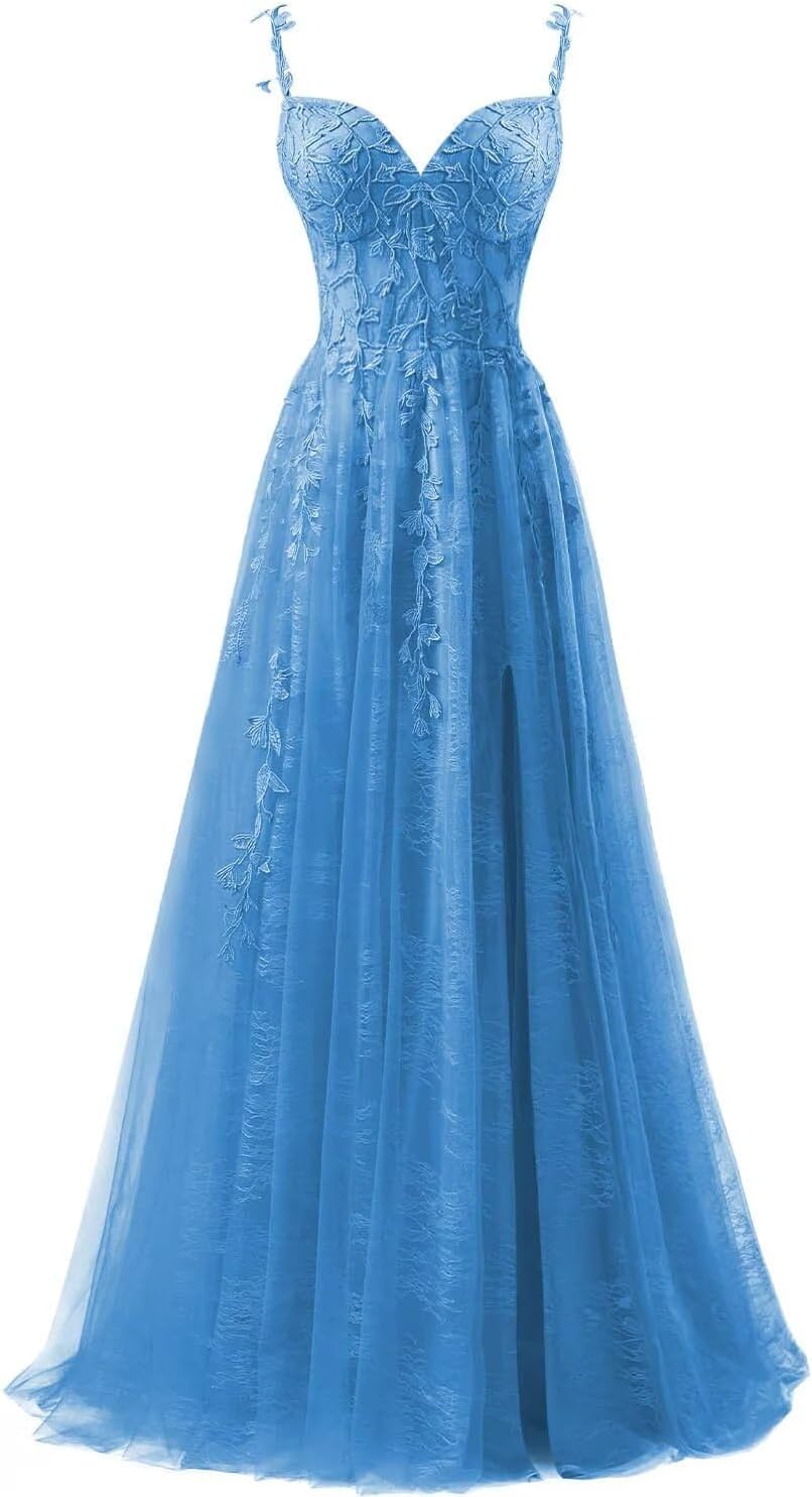 Lace Applique Tulle Prom Dresses for Women 2025 Spaghetti Straps Ball Gown Formal Evening Party Gown with Slit